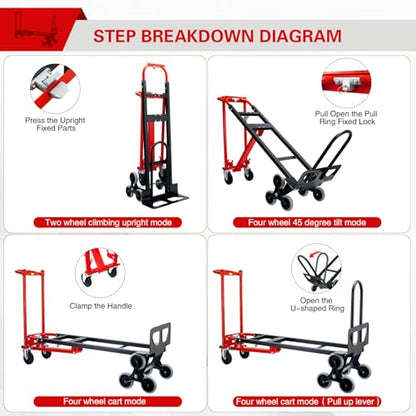 3 in 1 Stair Climbing Dolly Cart with Wheels 1000LBS(Red) | Convertible Hand Truck,Stair Dolly Climber Heavy Duty with Solid Wheels for Moving,Transport in Warehouses,Factory - color: Red
