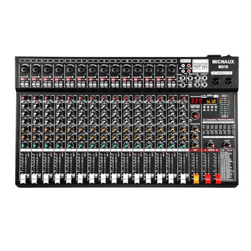 Audio Mixer 16 Channel Professional Sound Console Music Mixer with 320 DSP Effects, 7-band EQ DJ Mixing Board w/USB, Bluetooth, 48V Power Supply, PAD Button for Recording Karaoke PA Drum Live - size: 16 Channel - 21.8in