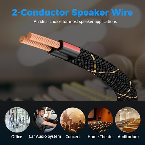 14/2 Speaker Wire 25 Feet, 14AWG Gauge Speaker Cable, Direct Burial, Durable Nylon Braided, in Wall, 2 Conductors, OFC Oxygen-Free Copper, for Car Audio Stereos, Home Theater, Surround Sound, Radio - size: 25 Feet, style: 14AWG