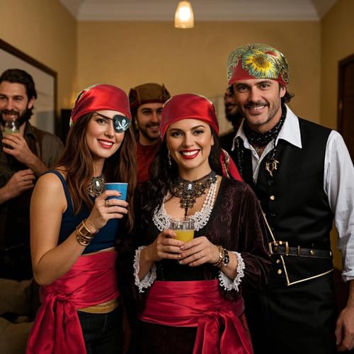 Women Pirate Costume Accessories Set|Headscarf Wrap Hat Sash Belt Cosplay Outfit With Stainless Steel Earring Necklace - style: 5 Pcs Pirate Set - Red Pirate Lace Necklace Set