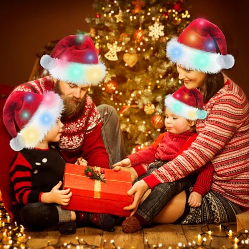 Christmas Hat for Adults/Kids/Baby, Santa Hats Unisex, Red Velvet Thicken Holiday Xmas Hat for Festive New Year Party - color: Red - Led Light