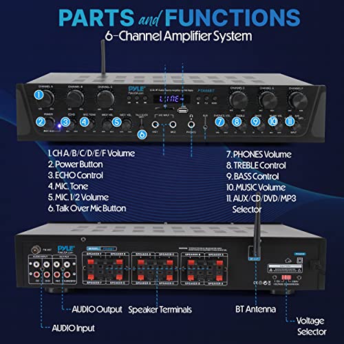 Pyle Home Audio Amplifier with Bluetooth - 6 Channel 600 Watt Peak Power, Karaoke with Echo, 2 Mic Input with Talkover, Headphone In, USB A MP3 Player with SD Reader - Home, Commercial, Worship - style: 6 Channel