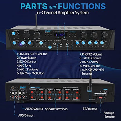 Pyle Home Audio Amplifier with Bluetooth - 6 Channel 600 Watt Peak Power, Karaoke with Echo, 2 Mic Input with Talkover, Headphone In, USB A MP3 Player with SD Reader - Home, Commercial, Worship - style: 6 Channel