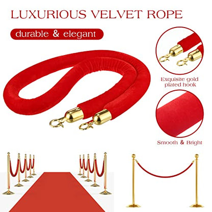 Nuogo 6 Pcs Velvet Stanchion Rope Red Carpet Party Decorations 5ft | Velvet Ropes, Crowd Control, Gold Hook, Safety Barrier, Event Movie Theaters Grand Opening Hotel Weddings - color: Red
