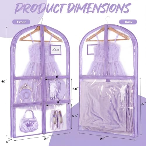 Nuenen 3 Pack Dance Garment Bags for Costumes Clear Dance Recital Organizer with Pockets & Labels, 40 Inch PVC Hanging Costume Bag for Competition Travel, Garment Bag with Compartments(Purple) - color: Purple