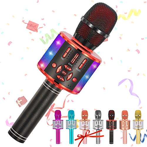 Amazmic Kids Karaoke Microphone Machine Toy Bluetooth Microphone Portable Wireless Karaoke Machine Handheld with LED Lights, Gift for Children Adults Birthday Party, Home KTV(Black Red) - color: Black Red
