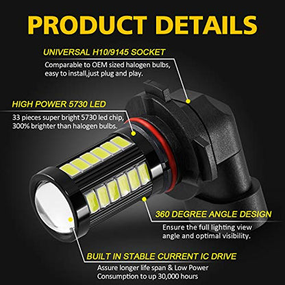 AUXLIGHT H10 9145 9140 9045 9155 9040 PY20D LED Fog Light Bulbs 6000K Xenon White, Super Bright 2800 Lumens 33-SMD Chips LED Daytime Running Lights DRL Bulbs Replacement for Cars, Trucks (Pack of 2) - size: 9145 / H10