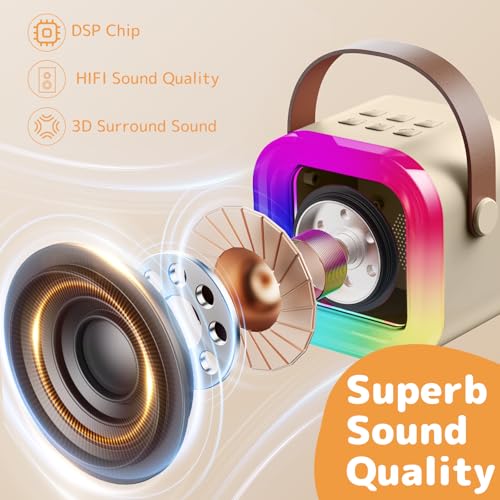 Karaoke Machine for Kids Adults, Mini Karaoke Machine with 2 Wireless Microphones, Portable Bluetooth Speaker with Voice Changing Effects & LED Lights, Best Gifts Toys for Girls and Boys - color: Beige