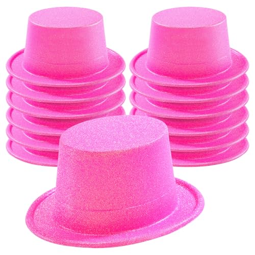 Hillban 12 Pack Hot Pink Top Hats Party Shiny Plastic Glitter Sequin Hat Disco Costume Accessories Bulk for Glow Wedding Party Supplies Magician Carnival Celebration Birthday Valentines - color: Hot Pink, style: Classic