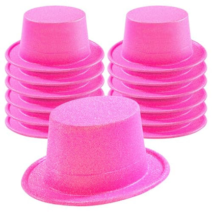 Hillban 12 Pack Hot Pink Top Hats Party Shiny Plastic Glitter Sequin Hat Disco Costume Accessories Bulk for Glow Wedding Party Supplies Magician Carnival Celebration Birthday Valentines - color: Hot Pink, style: Classic