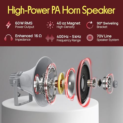 Indoor Outdoor PA Horn Speaker - 12.7 Inch 60 W Compact Loud Sound Megaphone w/ 400Hz-5KHzz Frequency, 16 Ohm, 70V/100V Transformer, Mounting Bracket Hardware, For 70V/100V Audio System - Pyle PHSP12 - style: Classic