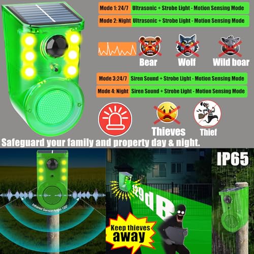 Solar Outdoor Motion Sensor Alarm - Ultrasound & Alarms 129db Motion Detector Loud Noise Maker,Strobe Light,for Home, Villa,Yard,Chicken coop,Farm,Barn.4 Work Modes.Say Goodbye to The Intruders 1Pack