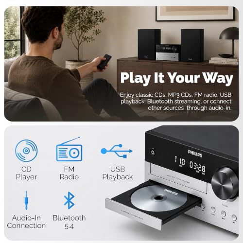 Philips Bluetooth Stereo System for Home with CD Player for Home, Wireless Streaming Bluetooth 5.4 & Auracast, Upgraded 20W Sound, MP3, USB, Audio in, FM Radio, Micro Music Sound System - size: 20W Stereo system