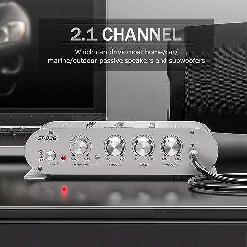 Facmogu ST-838 2.1CH Audio Power Amplifier, RMS 20Wx2+40W Class D Stereo Digital Audio Amp with Subwoofer Output, 80W Mini Subwoofer Amplifier Audio Stereo Bass Amp with DC12V Power Adapter - Silver - color: ST-838 Silver (20Wx2 + Passive Subwoofer)