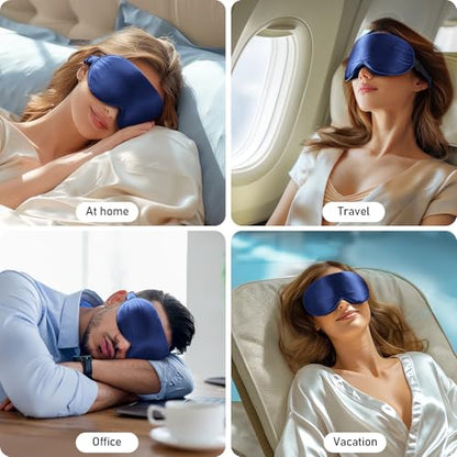 LitBear 100% 22 Momme Mulberry Silk Sleep Mask - 3D Contoured, Deep Blue | Pure Silk, Eyelash-Friendly, Soft, Breathable, Perfect Blocks Light, Tangle-Free Adjustable Strap, Travel Pouch - color: Midnight Blue