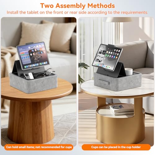 KDD Tablet Pillow Stand, Adjustable iPad Holder for Bed, Lap and Desk with Two Cup Holder and Storage Tray, 360°Rotating Clip Soft Dock Compatible with iPad Pro 12.9, Air, Mini, Phone and E-Reader