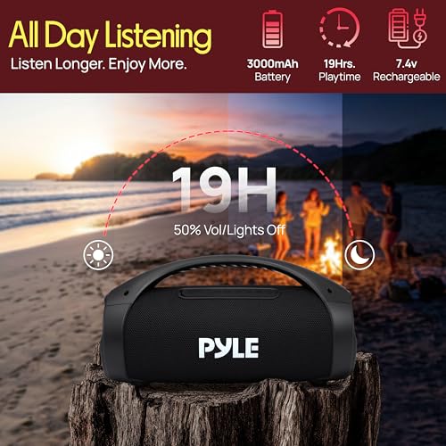 Pyle Portable Bluetooth Boombox Speaker - 100W Peak Power, 19H Battery, FM Radio, USB Playback, Aux in, TWS Pairing - Use for Home, Outdoor, Travel - LED Lights - Sturdy Carry Handle - PBTPSPWP25BK