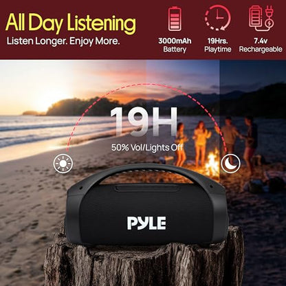 Pyle Portable Bluetooth Boombox Speaker - 100W Peak Power, 19H Battery, FM Radio, USB Playback, Aux in, TWS Pairing - Use for Home, Outdoor, Travel - LED Lights - Sturdy Carry Handle - PBTPSPWP25BK