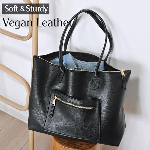 HOXIS Tote Bag for Women with Zipper Vegan Leather Handbag with Trolley Sleeve Travel Weekender Carryall Bag - color: Black