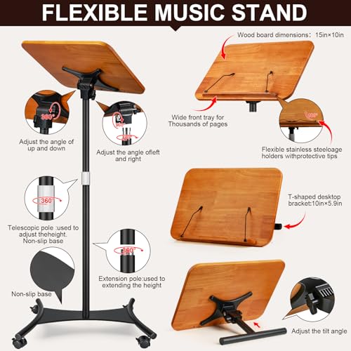 2-in-1 Dual-use Floor & Desktop Music Stand, Adjustable 16.5"-51" Book Stand, Solid Wood Sheet Music Holder, Floor Book Stand with Elastic Page Clip for Cookbooks, Laptop (Natural Wood with Wheel) - color: Natural Wood With Wheel