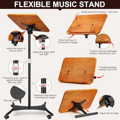 2-in-1 Dual-use Floor & Desktop Music Stand, Adjustable 16.5"-51" Book Stand, Solid Wood Sheet Music Holder, Floor Book Stand with Elastic Page Clip for Cookbooks, Laptop (Natural Wood with Wheel) - color: Natural Wood With Wheel
