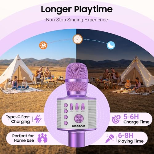 BONAOK Wireless Bluetooth Karaoke Microphone, 3-in-1 Portable Handheld Mic Speaker Machine for All Smartphones, for Girls Boys Kids Adults All Age Q37(Light Purple) - color: Light Purple