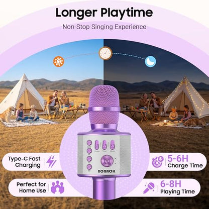 BONAOK Wireless Bluetooth Karaoke Microphone, 3-in-1 Portable Handheld Mic Speaker Machine for All Smartphones, for Girls Boys Kids Adults All Age Q37(Light Purple) - color: Light Purple