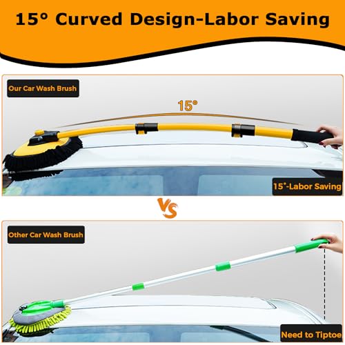WillingHeart 15° Curved Car Wash Brush with Long Handle 43" Extension Pole RV Truck Microfiber Cleaning Mop Auto SUV Wheel Boat Exterior Interior Detailing 2 in 1 Carwash Duster Not Hurt Paint, Yellow - color: Yellow