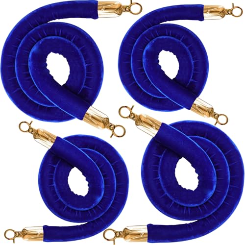4PCS Blue Velvet Stanchion Rope 5 Ft Crowd Control Ropes Barrier with Gold Hooks for Party - color: Blue&Gold, size: 4PCS