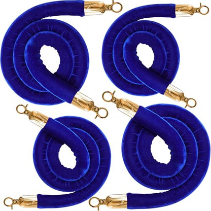 4PCS Blue Velvet Stanchion Rope 5 Ft Crowd Control Ropes Barrier with Gold Hooks for Party - color: Blue&Gold, size: 4PCS