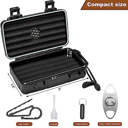 Flauno Travel Cigar Humidor Case - Portable Cigar Box kit with Humidifier Disc, Cigar Cutter, Cigar Punch, Cigar Holder & Dropper, Waterproof, Crushproof, Airtight (Holds up to 10 Cigars) - size: Holds up to 10 Cigars with Cigar Accessories