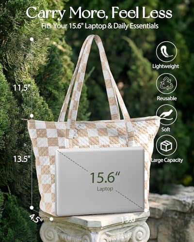 Miss Adola Quilted Shoulder Tote Bag with Zipper for Women | Multi-Pocket Storage, Quilted Cotton Texture, Large Capacity, Top Zipper Closure, 16 Inch Laptop Fit, Work Travel Teacher - color: Beige Checkered