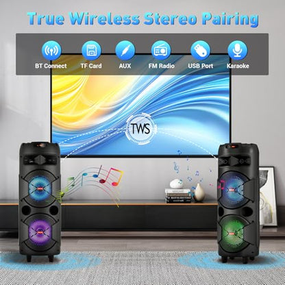 Dual 8'' Party Bluetooth Speaker with Microphone, USB/TF/AUX/TWS - size: Dual 8'' Speakers