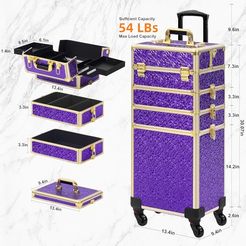 Somduy Rolling Makeup Case, Makeup Train Case with Lid, 5 in 1 Cosmetology Case on Wheels, Christmas Gift, Large Makeup Organizers, Profesional Cosmetic Case for Salon Barber, Purple Gold - color: Purple Gold