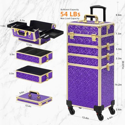 Somduy Rolling Makeup Case, Makeup Train Case with Lid, 5 in 1 Cosmetology Case on Wheels, Christmas Gift, Large Makeup Organizers, Profesional Cosmetic Case for Salon Barber, Purple Gold - color: Purple Gold
