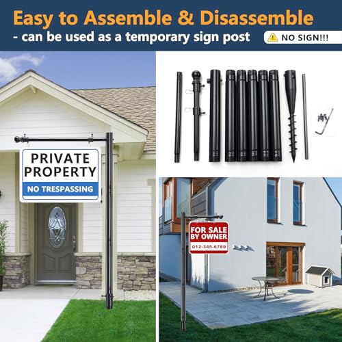 Heavy Duty Real Estate Sign Post Holder- 7 FT Adjustable Metal Yard Sign Stand with Adjustable 32" Arm &Spiral Ground Stakes, Rust-Proof Coating, Universal Sign Holder for Traffic, Construction, Events, Weatherproof & Long-Lasting - color: Black