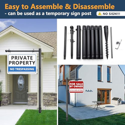 Heavy Duty Real Estate Sign Post Holder- 7 FT Adjustable Metal Yard Sign Stand with Adjustable 32" Arm &Spiral Ground Stakes, Rust-Proof Coating, Universal Sign Holder for Traffic, Construction, Events, Weatherproof & Long-Lasting - color: Black