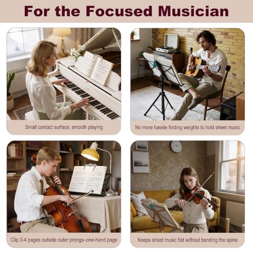 Metal Music Book Clip Set - Black Stainless Steel Music Stand Accessory,Hands Free Book Page Holder for Piano,Keyboard,Cookbooks,Book,with Velvet Carrying Bag (Silver) - color: Silver