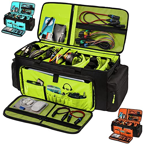 MYBAGZING Dj Cable Bag-24 Large Dj Cable File Bag-Dj Cabel Organizer Case-Travel Gig Bag-DJ Gear Bag for Dj Accessories-Dj Equipment Case with Padded Bottom and Divdiers - color: Neon