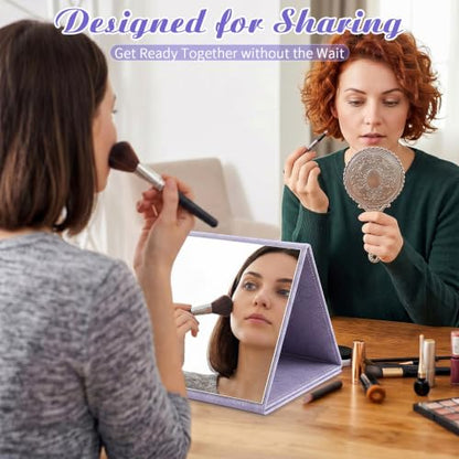 3 Way Foldable Full Length Mirror with Handle 31.89 x 11.22 Inches Leather Portable Camping Travel Hanging Folding Body Mirror for Makeup Dance Fitness Spa Hair Styling(Morandi Purple,Retro)