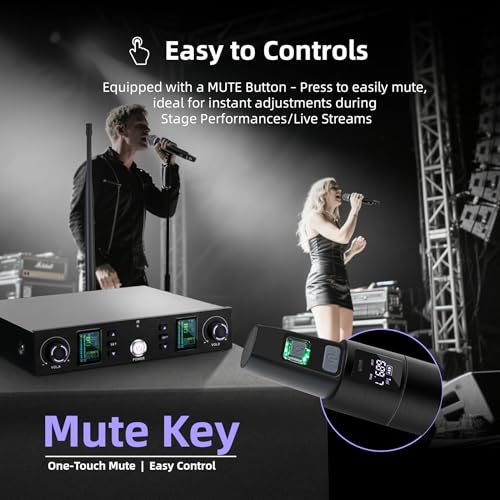 Dual UHF Metal Handheld Wireless Mic System 500ft - Church, Karaoke | Auto-Scan Anti-Interference, Hi-Fi Sound, AA Battery. 2 Dynamic Mics +1 Receiver. Party, DJ, Speech, Events, Plug & Play.