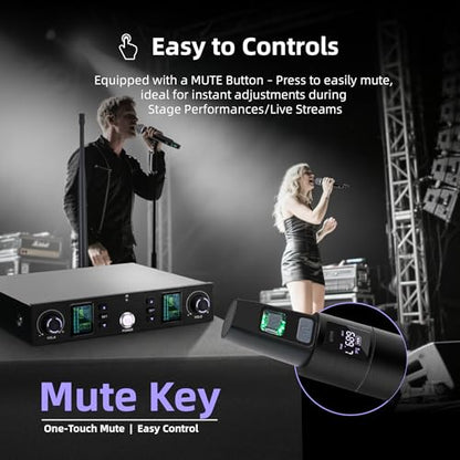 Dual UHF Metal Handheld Wireless Mic System 500ft - Church, Karaoke | Auto-Scan Anti-Interference, Hi-Fi Sound, AA Battery. 2 Dynamic Mics +1 Receiver. Party, DJ, Speech, Events, Plug & Play.