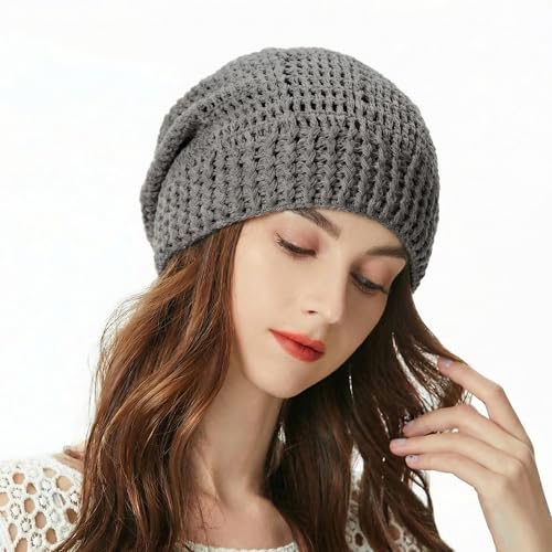 ZLYC Women Cotton Crochet Slouchy Beanie Hat Handmade Knit Summer Skull Cap | Lightweight breathable,boho casual chic look,travel photos festival party,café commute daily wear,beach concert gathering - color: Gray