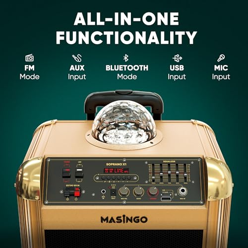 MASINGO Karaoke Machine for Adults and Kids with 2 Bluetooth Wireless Microphones. Portable Singing PA Speaker System with Disco Ball Lights, Lyrics Display Tablet Holder & TV Cable. Soprano X1 2.0