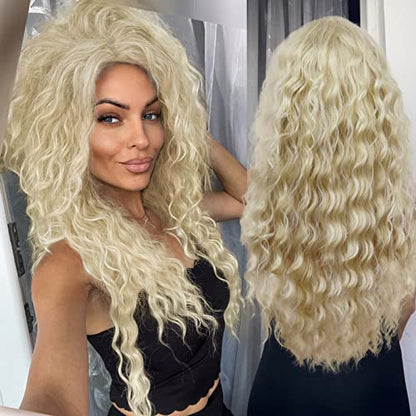 Womens Long Blonde Curly Wigs Wavy Fluffy Wig Soft Thick Body Wave Hair - color: Lightest Blonde