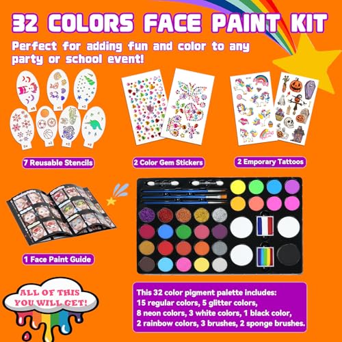 Face Painting Kits for Kids Non-Toxic and Hypoallergenic Face Paint Palette with Stencils,Book,Brushes,Tattoos,Gems Face&Body Makeup Kit for Halloween, Cosplay,Party,Theater & Stage(QCH-32C)