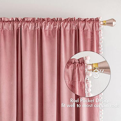 MIULEE Blush Pink Pom Pom Velvet Blackout Curtains, W52 x L84, Set of 2 | Rod Pocket Curtains,Thermal Insulating,Blackout Curtains for Bedroom/Home Theater/Living Room Darkening - color: Blush Pink, size: 52"W x 84"L (Pack of 2)
