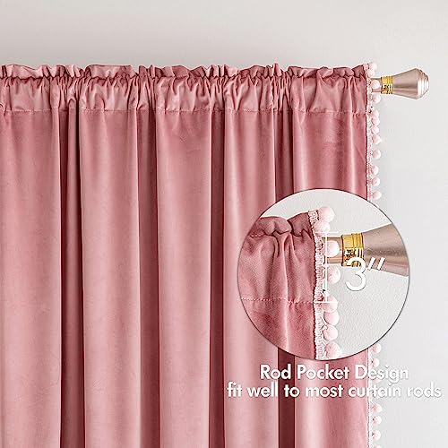 MIULEE Blush Pink Pom Pom Velvet Blackout Curtains, W52 x L63, Set of 2 | Rod Pocket Curtains,Thermal Insulating,Blackout Curtains for Bedroom/Home Theater/Living Room Darkening - color: Blush Pink, size: 52"W x 63"L (Pack of 2)
