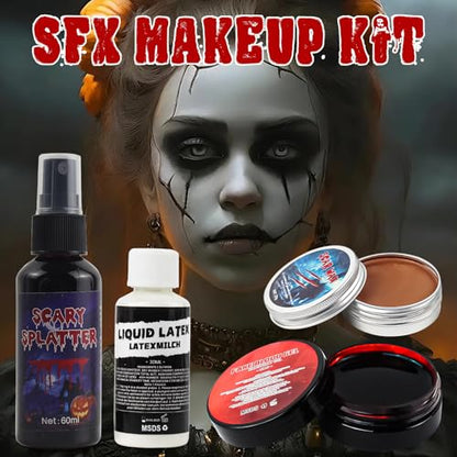 Halloween Fake Blood SFX Makeup Kit – 7PCS Special Effects Set with Fake Blood Spray, Liquid Latex+Scar Wax+Fake Blood Gel+Spatula Tool & 2 Stipple Sponges – Vampire Zombie Makeup Kit for Face & Body - color: # 7PCS SFX Makeup Kit