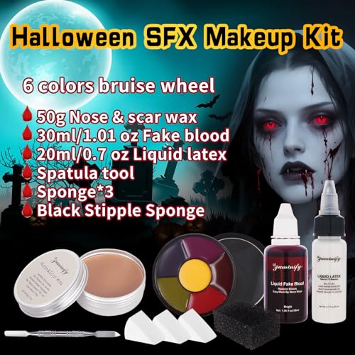 Halloween SFX Makeup Kit,6 Colors Bruise Wheel+30ml Dripping Washable Fake Blood+Liquid Latex+Scar Wax with Spatula+3 Pcs Sponge+Stipple Sponge,Face Fake Injury Special Effects Makeup Kit - color: bruise wheel makeup kit